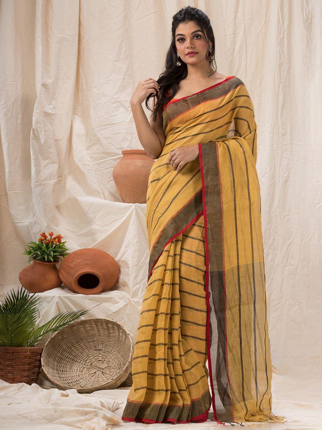 angoshobha brown woven design pure linen handloom saree