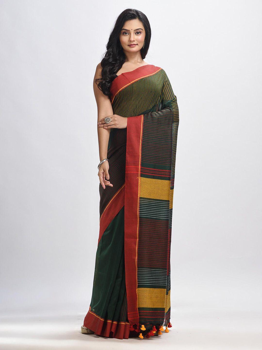 angoshobha green woven design pure cotton handloom jamdani saree