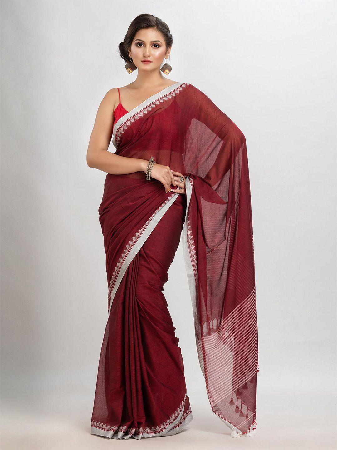 angoshobha maroon woven design pure cotton handloom saree