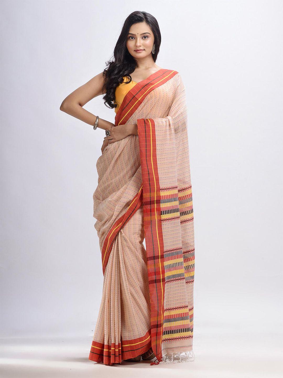 angoshobha peach-coloured woven design pure cotton handloom saree