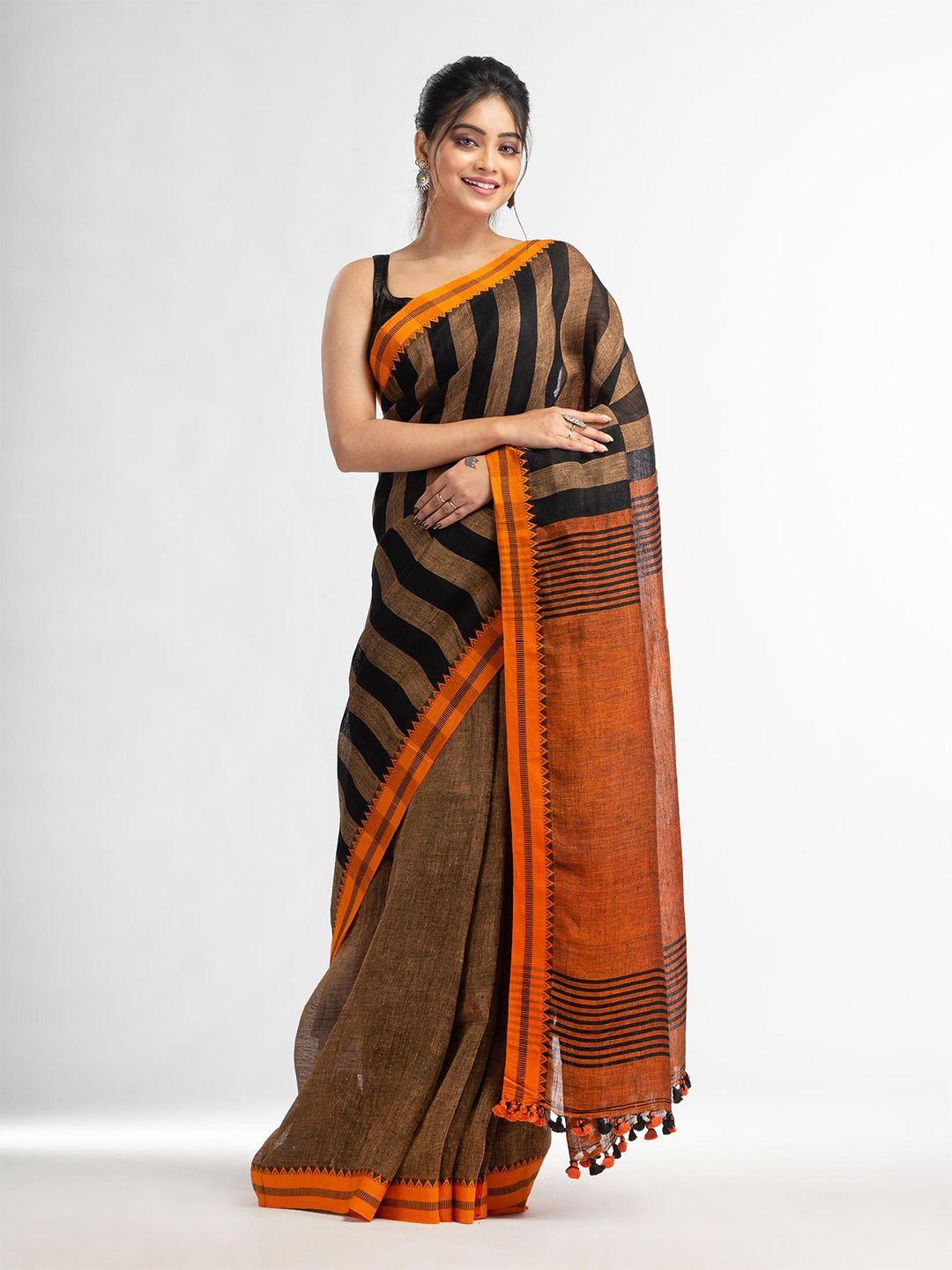 angoshobha striped woven design pure linen saree