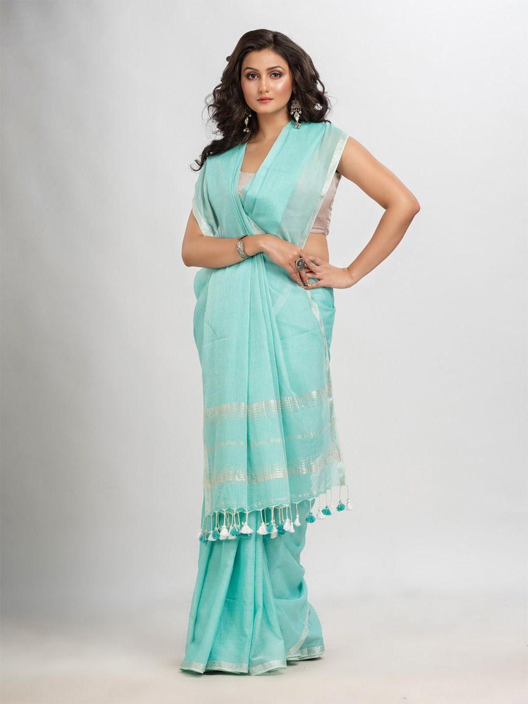 angoshobha turquoise blue woven design pure cotton handloom saree