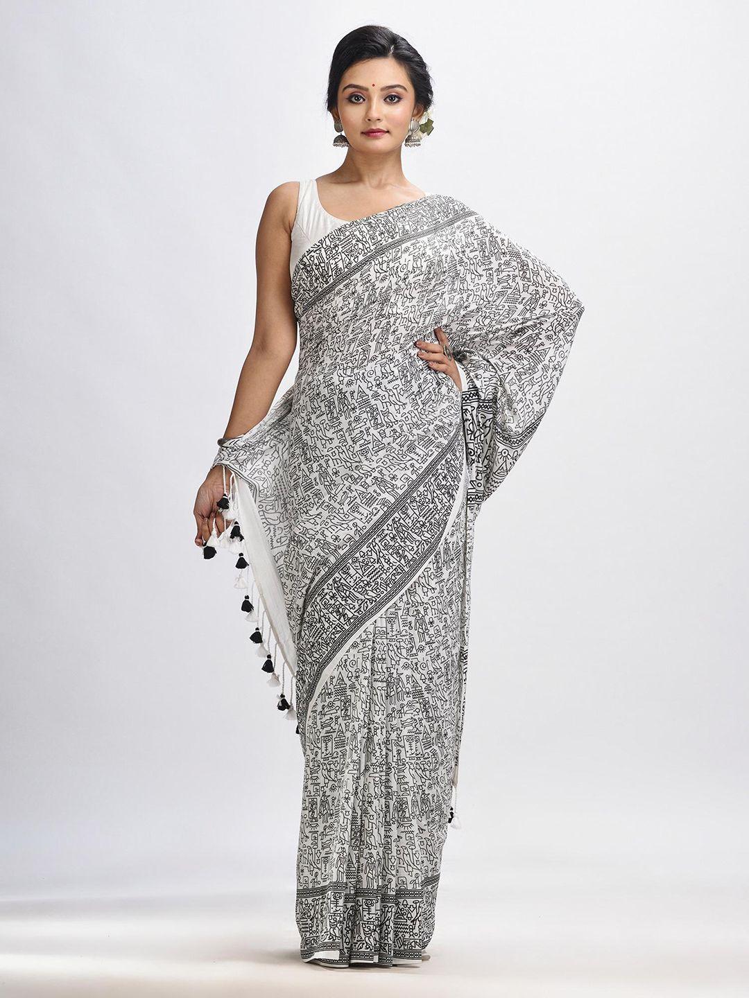 angoshobha white woven design handloom saree