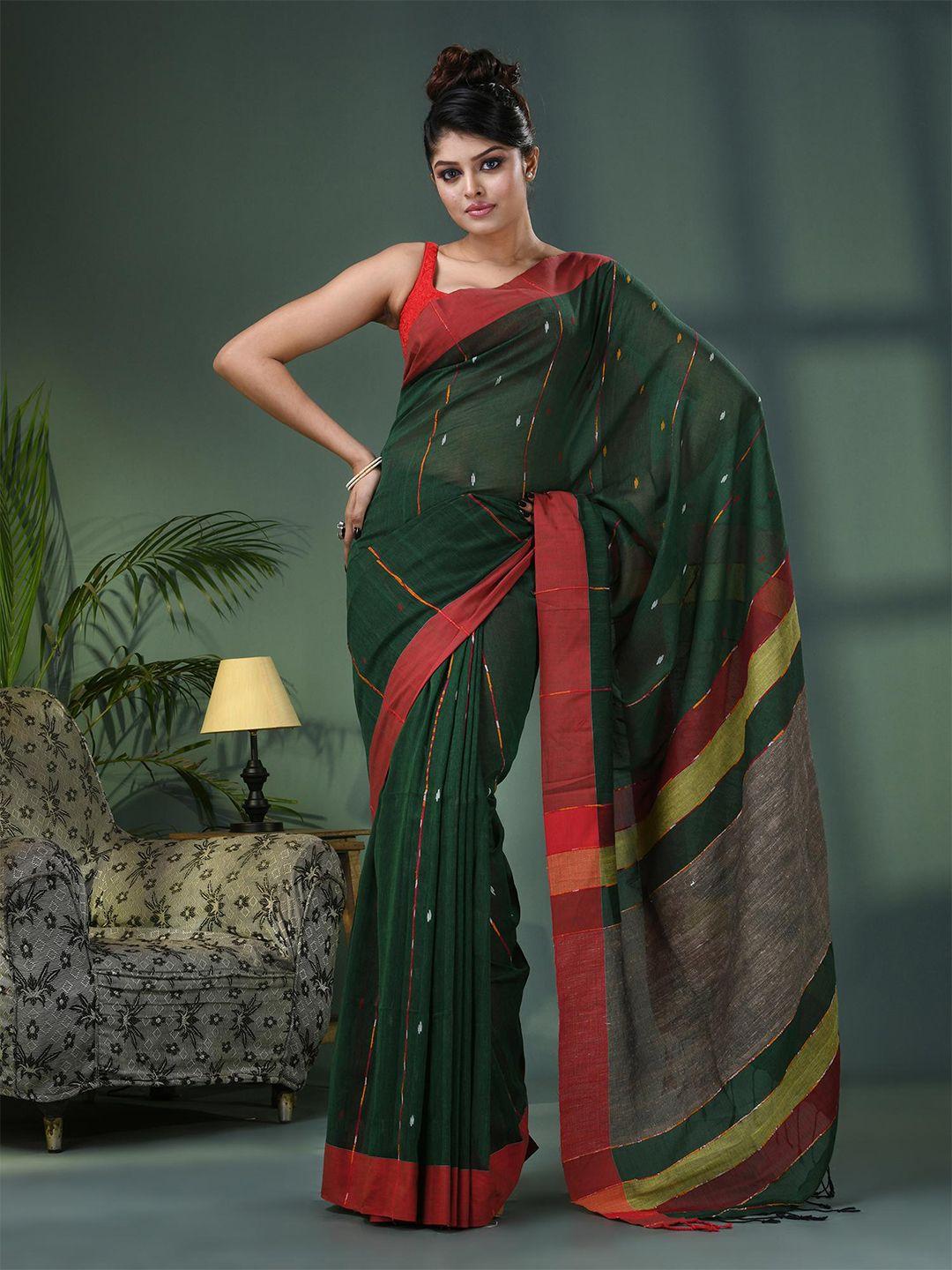 angoshobha woven design striped printed pure cotton saree