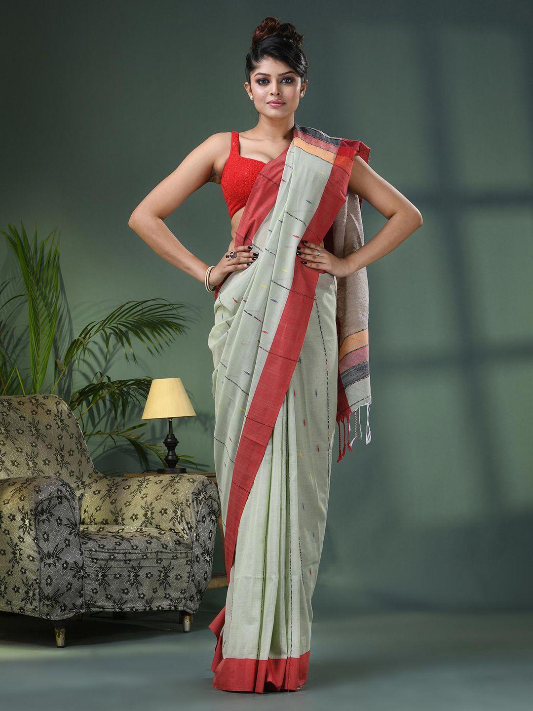 angoshobha woven design striped printed pure cotton saree