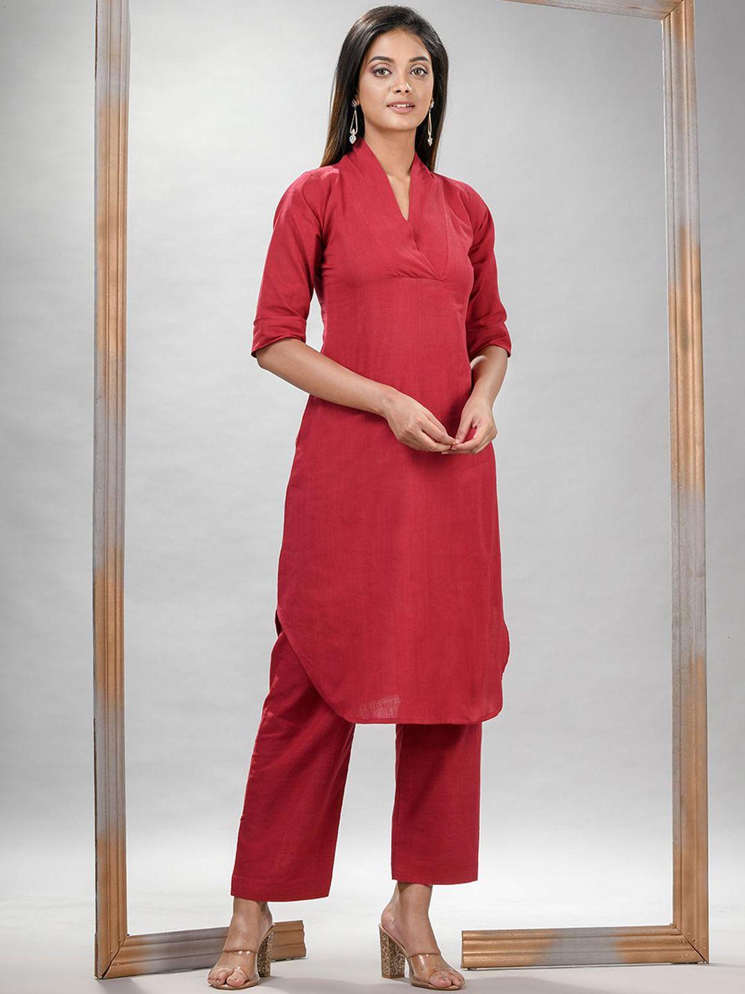 angoshobha woven design v-neck pure cotton straight kurta with palazzos