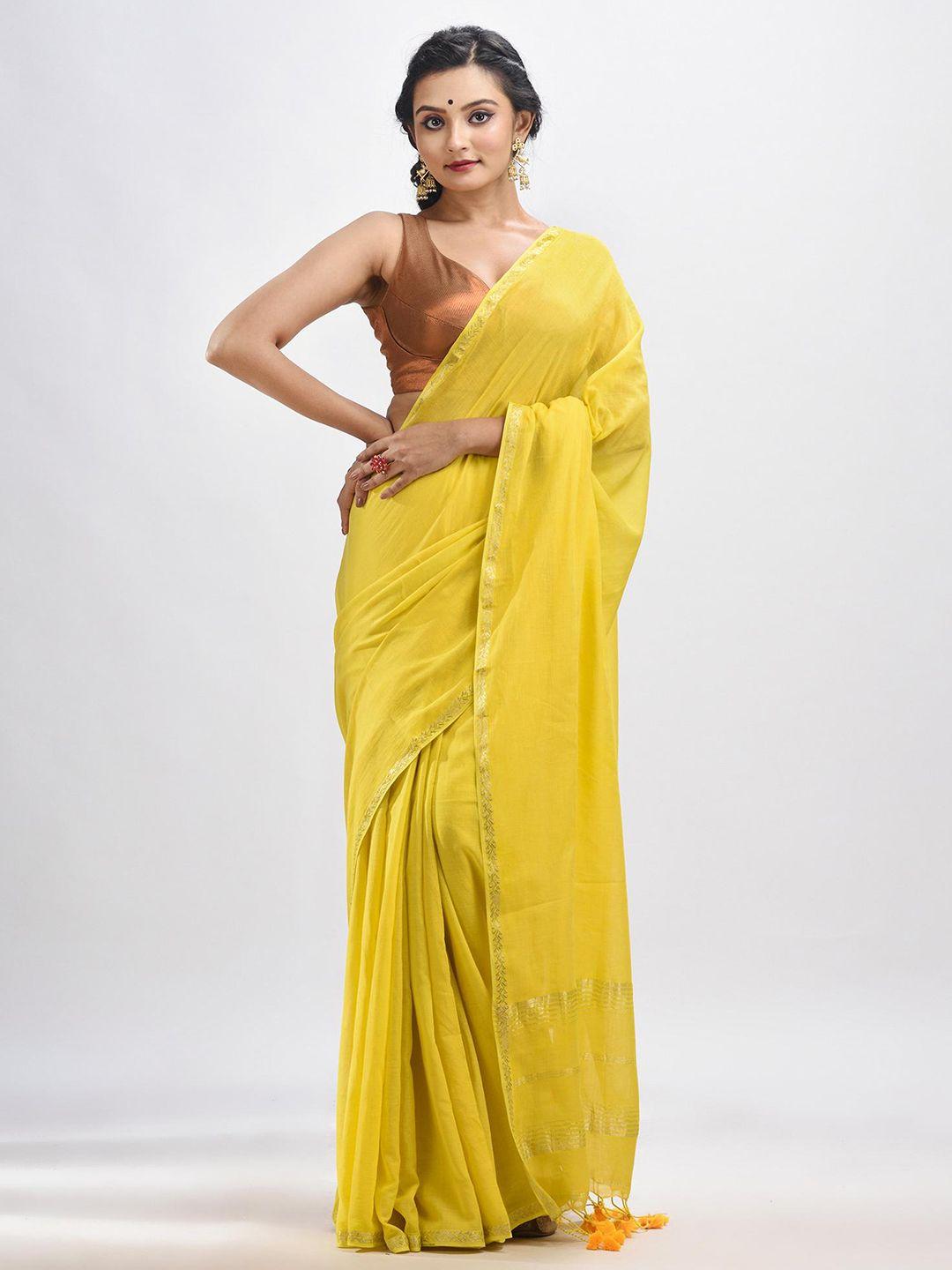 angoshobha yellow woven design pure cotton handloom saree