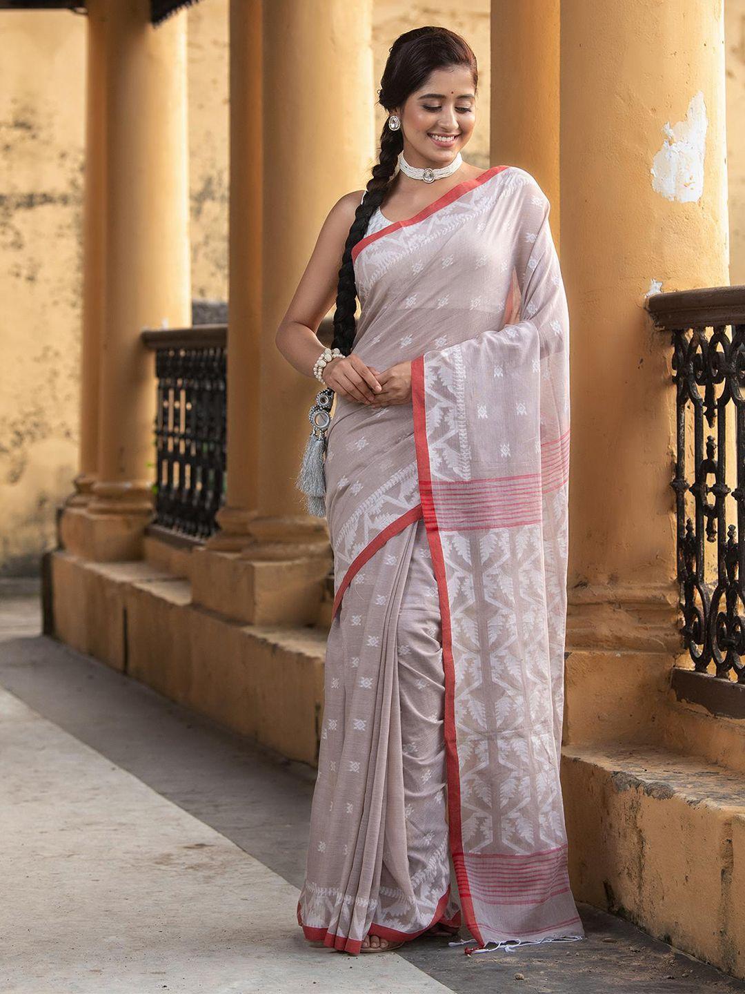 angoshobha beige woven design pure cotton handloom jamdani saree