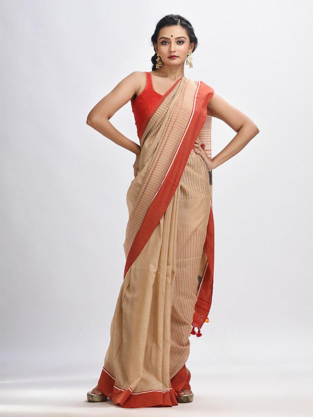 angoshobha beige woven design pure cotton handloom jamdani saree