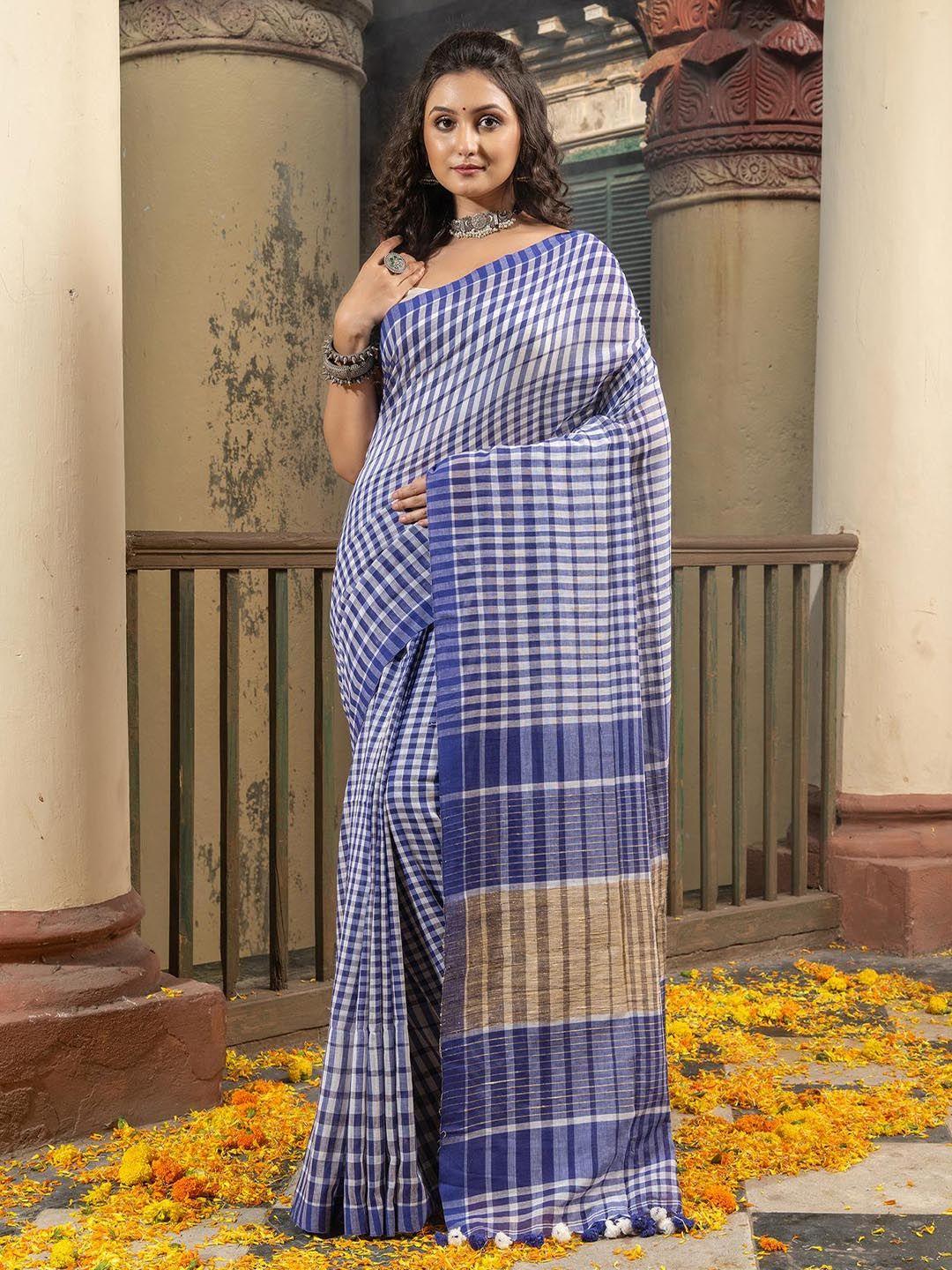 angoshobha blue woven design pure cotton handloom saree