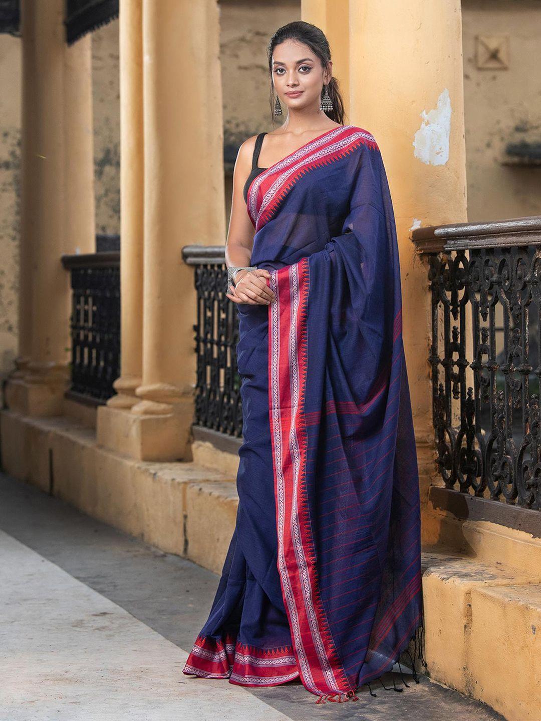 angoshobha blue woven design pure cotton handloom saree