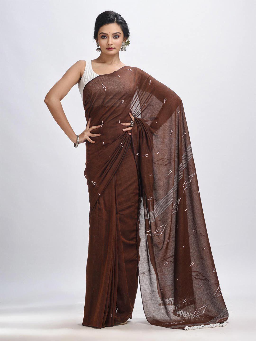 angoshobha brown woven design pure cotton handloom jamdani saree