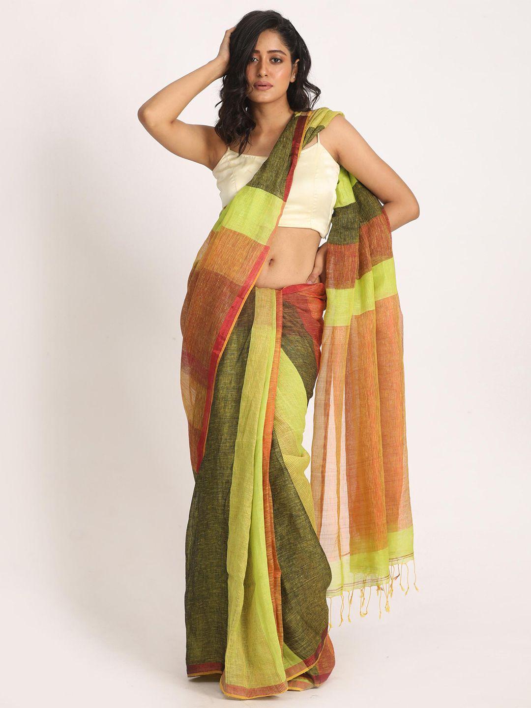 angoshobha colourblocked pure linen saree