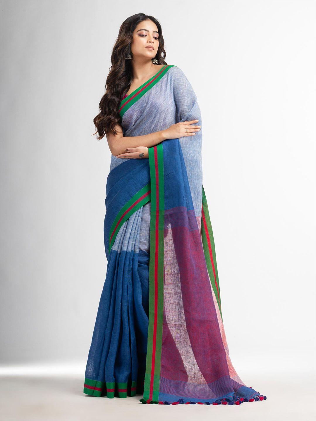 angoshobha colourblocked pure linen saree