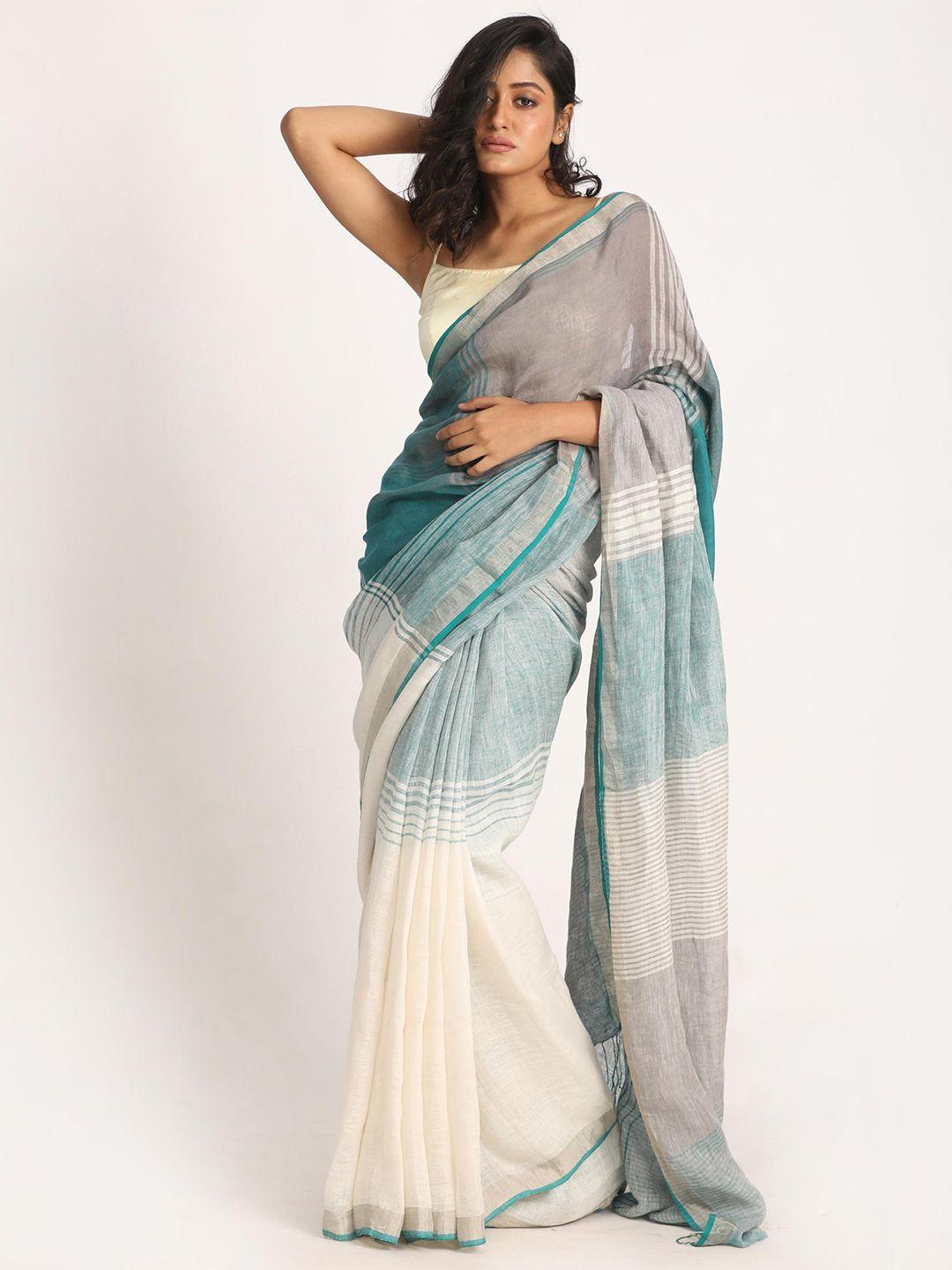 angoshobha colourblocked zari pure linen saree