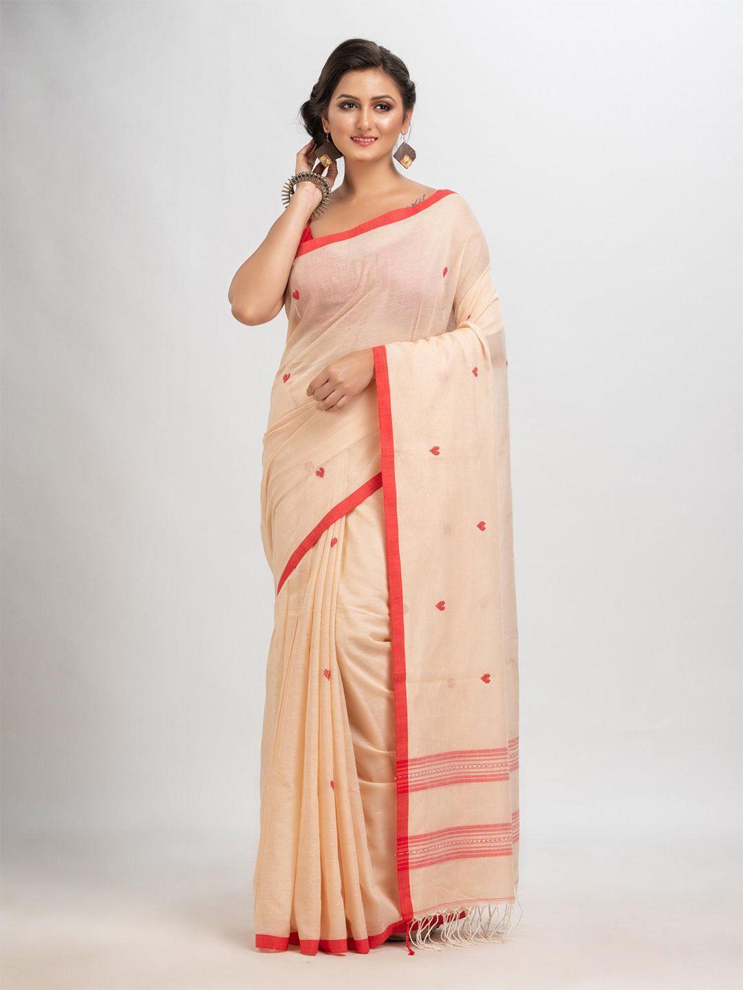 angoshobha cream-coloured woven design pure cotton handloom jamdani saree