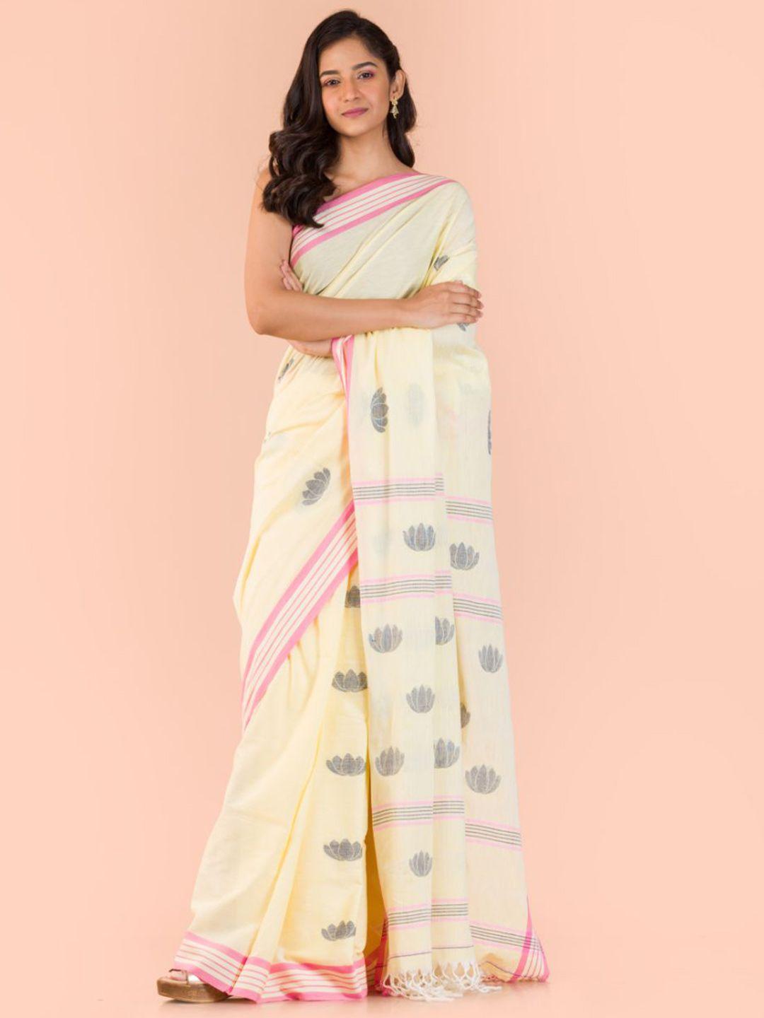 angoshobha cream-coloured woven design pure cotton jamdani saree