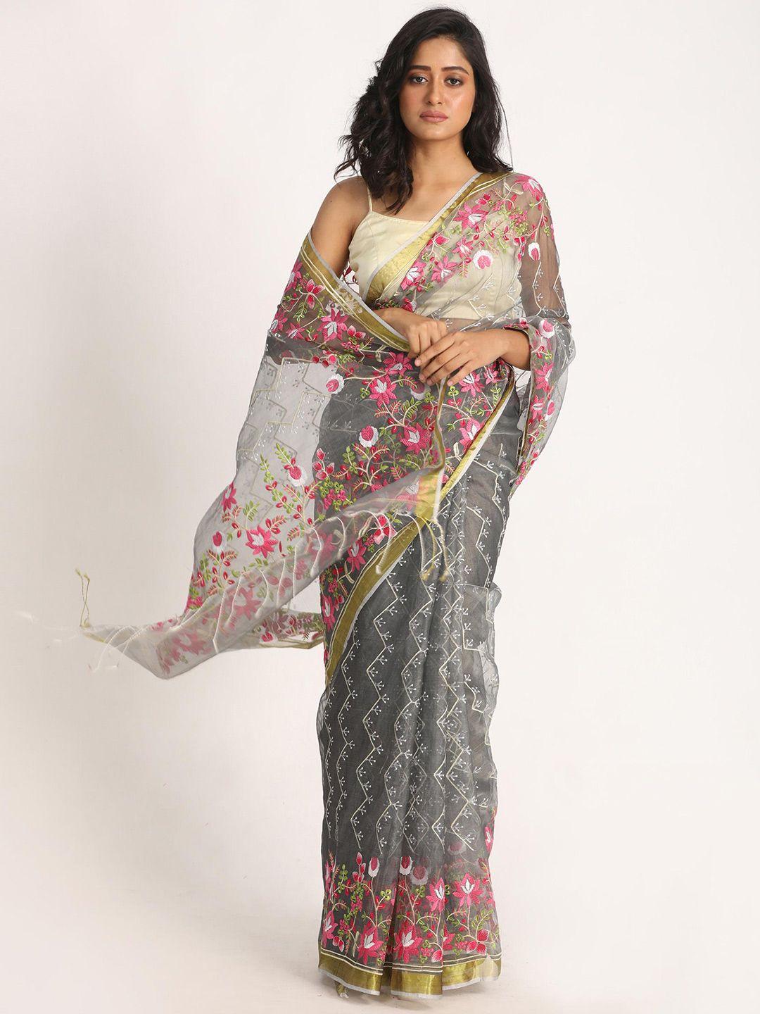 angoshobha floral embroidered art silk saree