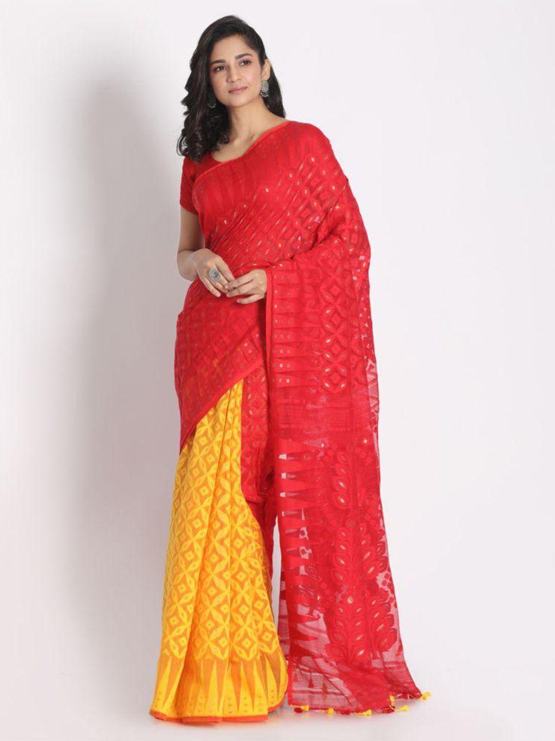 angoshobha floral embroidered silk cotton half and half jamdani saree
