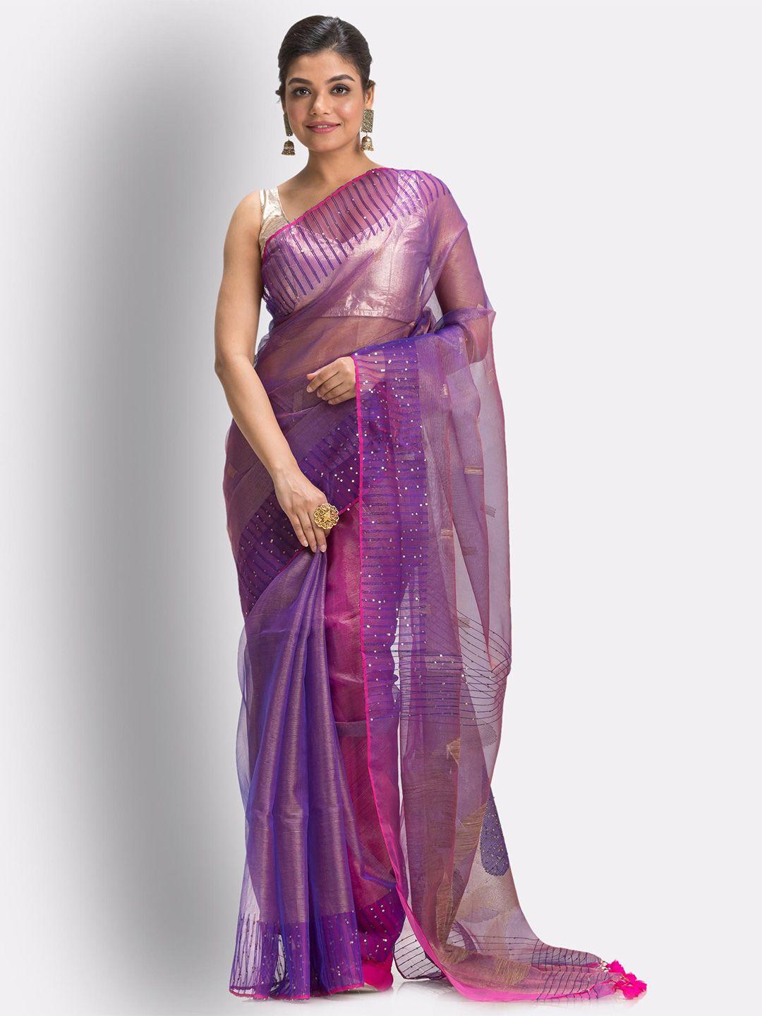 angoshobha floral sequinned art silk jamdani saree