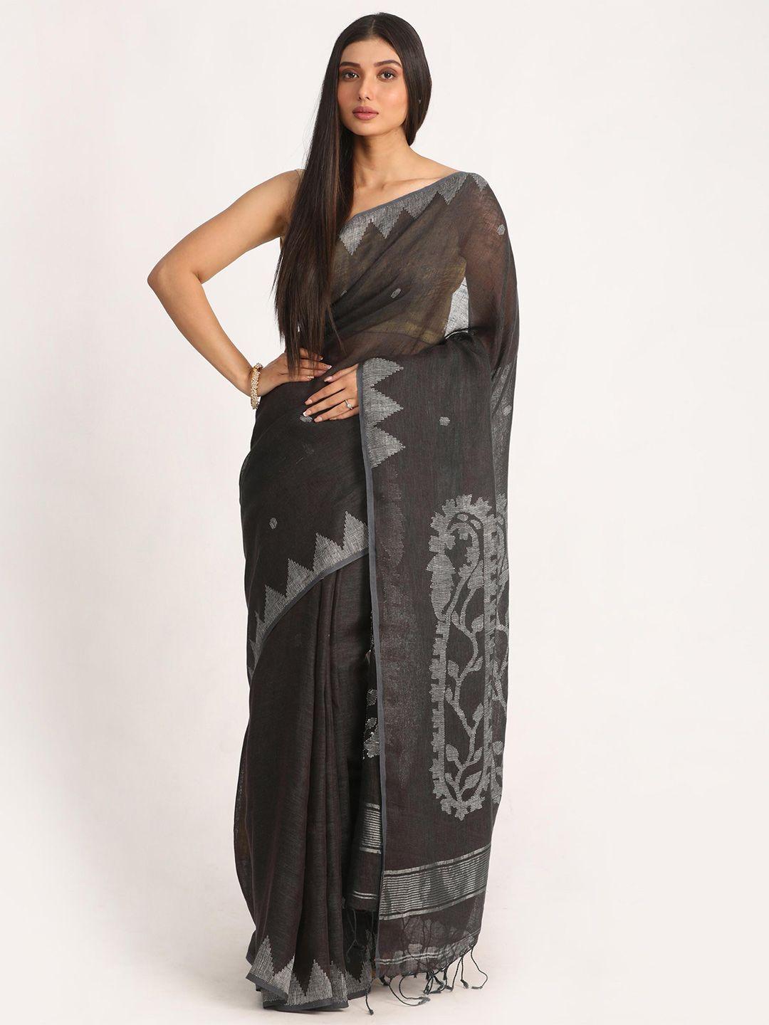angoshobha floral woven design pure linen jamdani saree