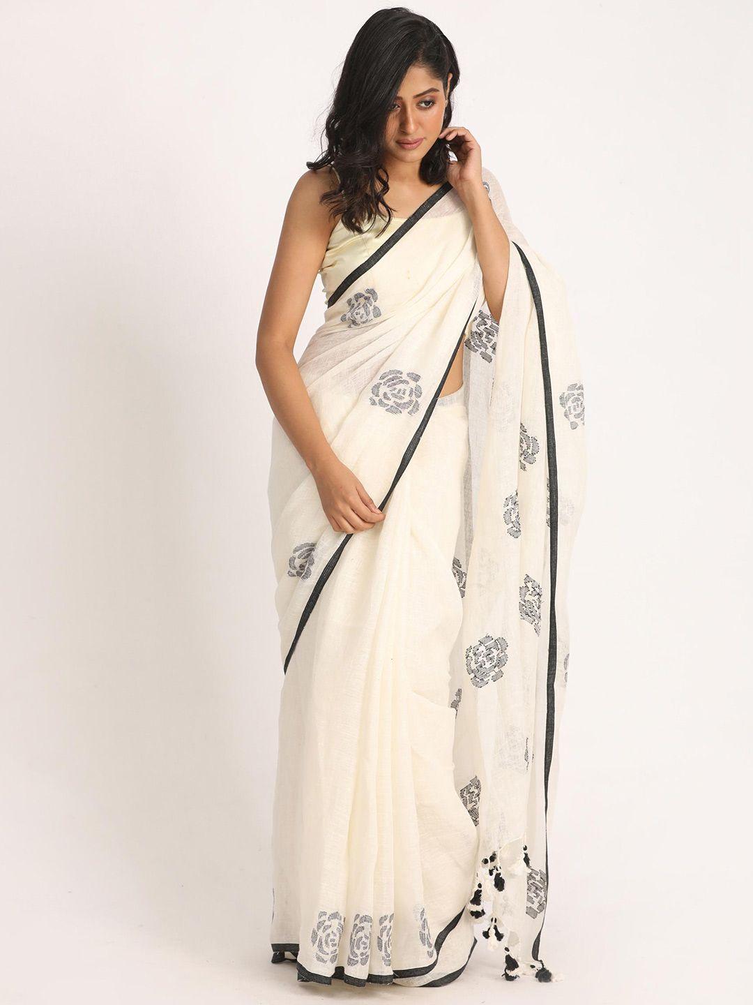 angoshobha floral woven design pure linen jamdani saree