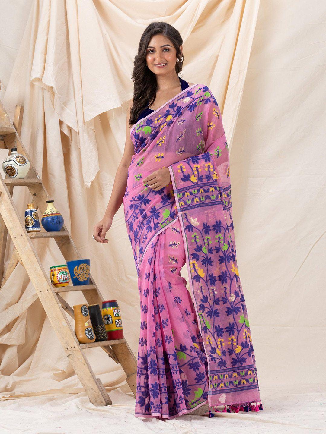 angoshobha fuchsia woven design handloom jamdani saree