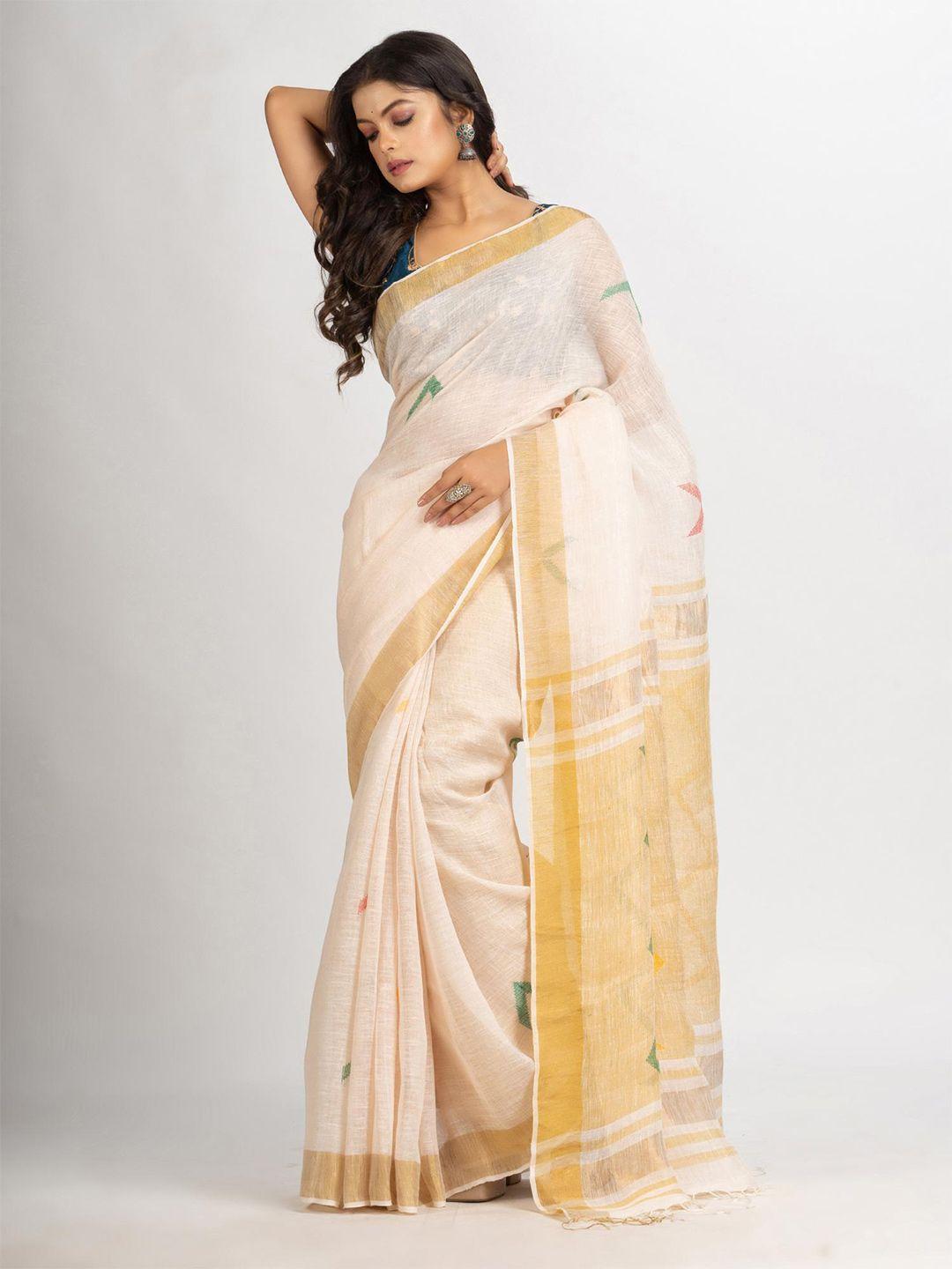 angoshobha geometric woven design pure linen jamdani saree