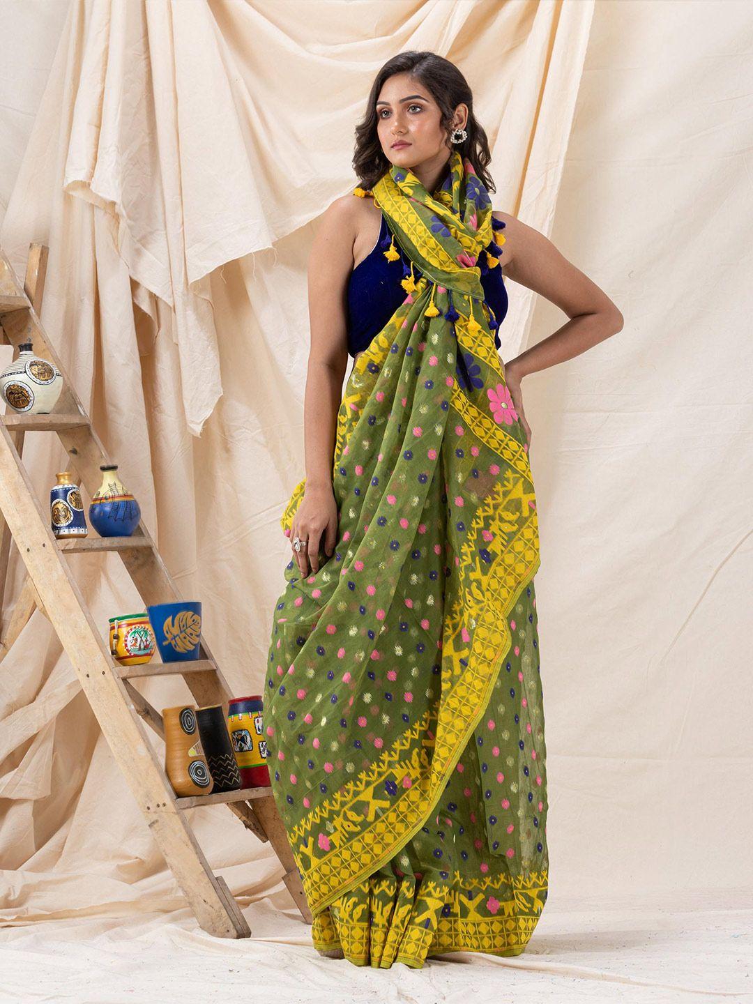 angoshobha green woven design handloom jamdani saree