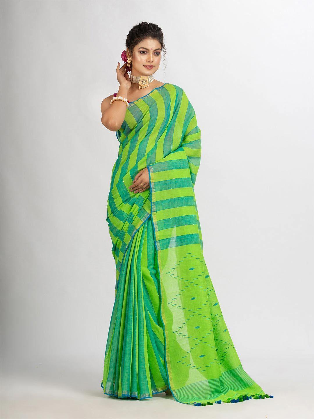 angoshobha green woven design pure cotton handloom jamdani saree