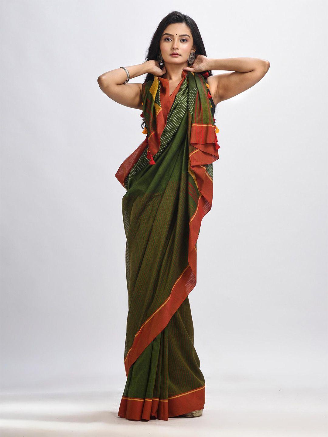 angoshobha green woven design pure cotton handloom jamdani saree