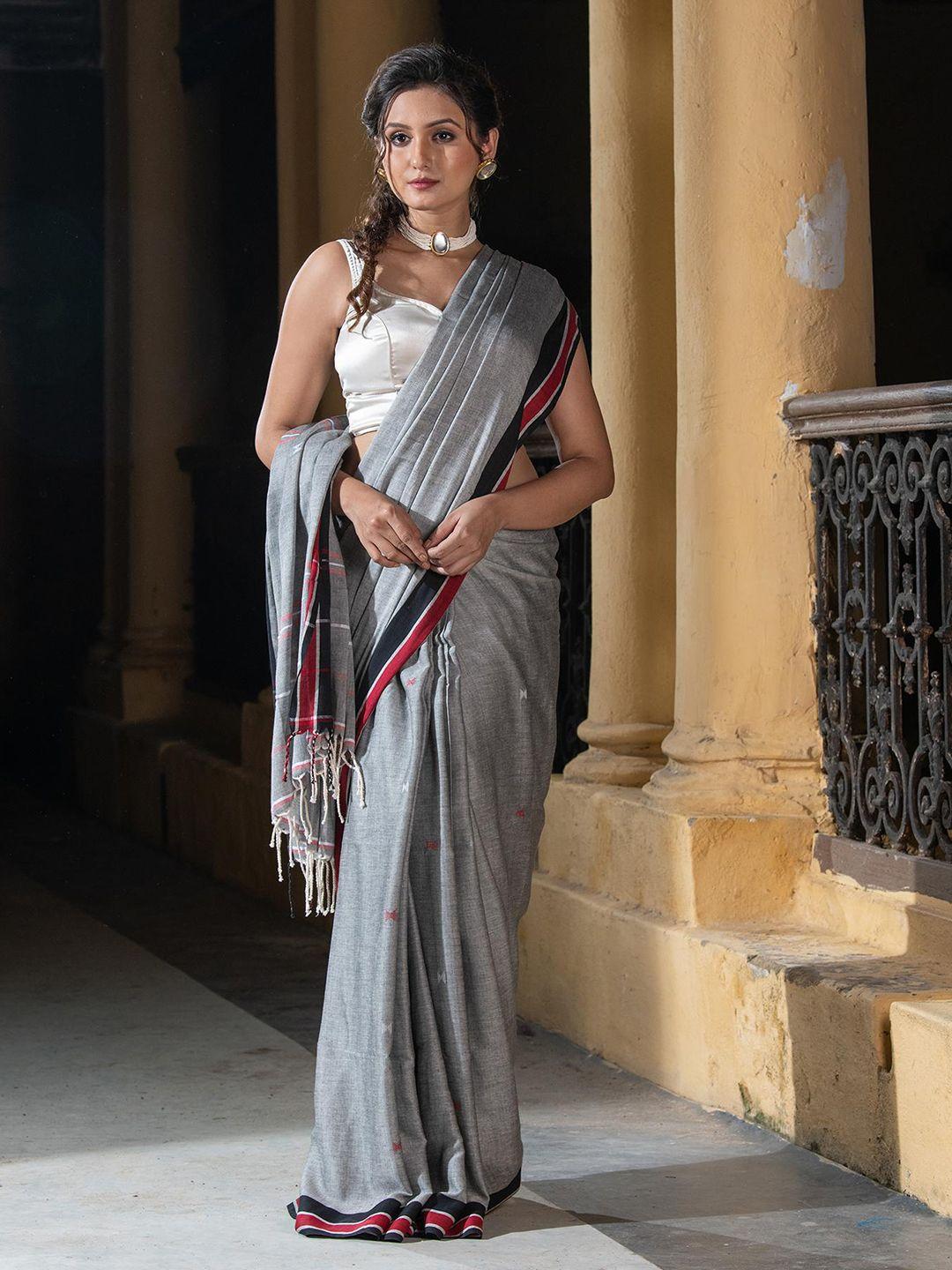 angoshobha grey woven design pure cotton handloom saree