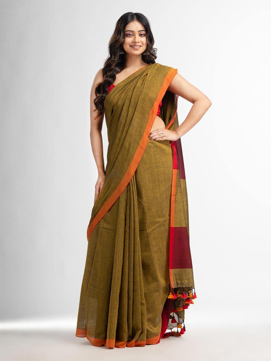 angoshobha mustard woven design pure cotton handloom saree