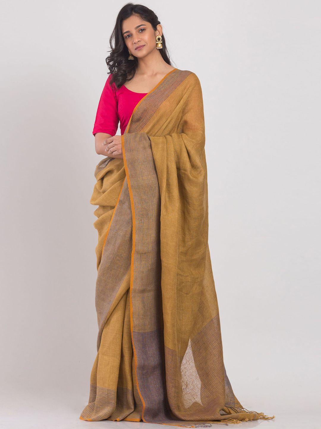 angoshobha mustard woven design pure linen saree