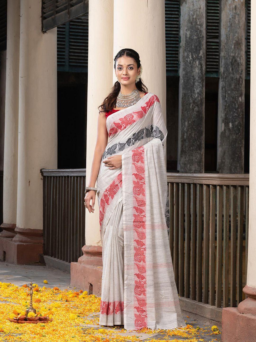 angoshobha off white woven design pure cotton handloom saree