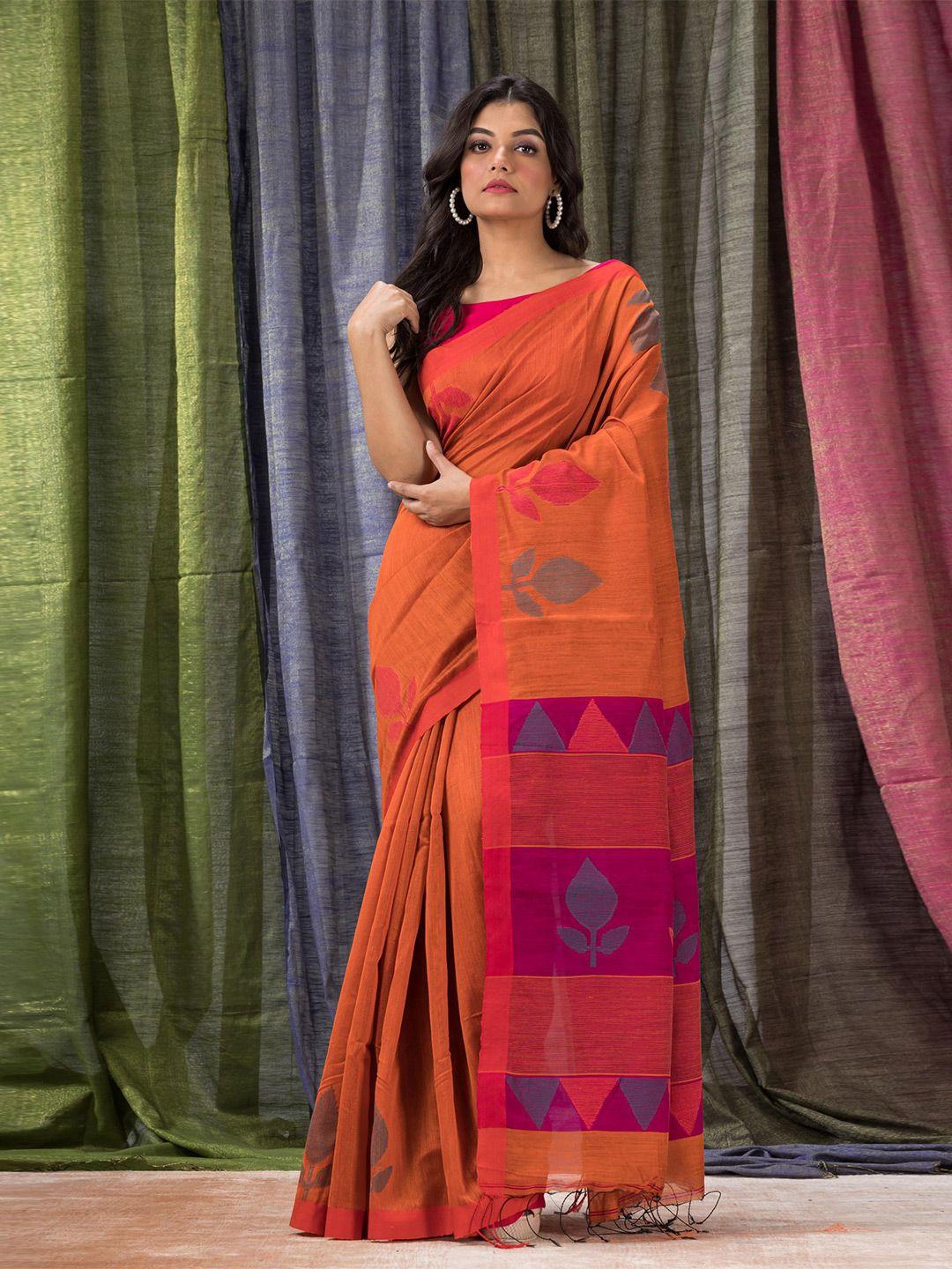 angoshobha orange woven design handloom jamdani saree