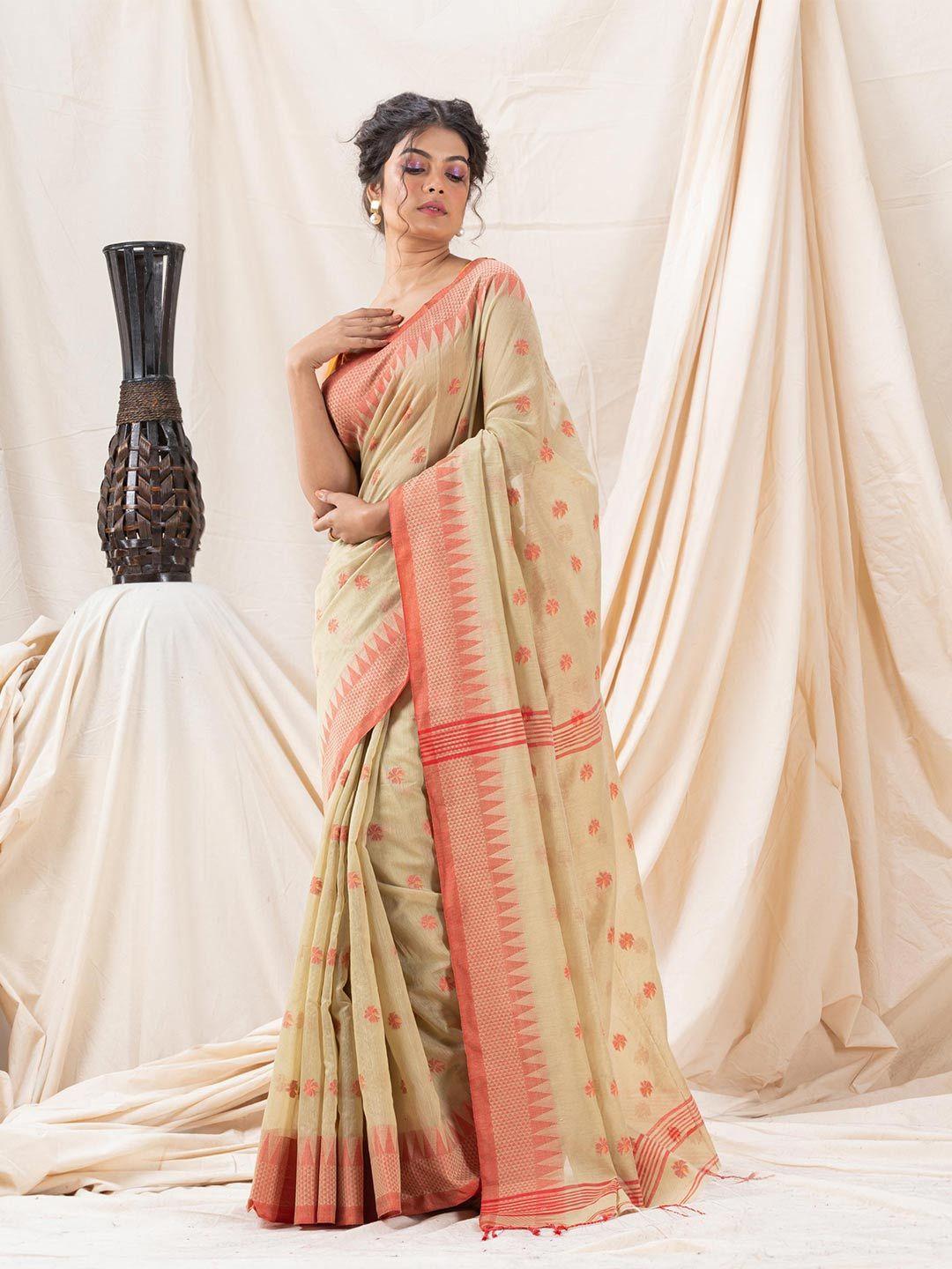 angoshobha peach-coloured woven design handloom saree