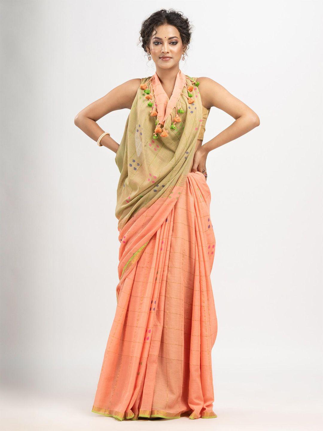 angoshobha peach-coloured woven design pure cotton handloom saree