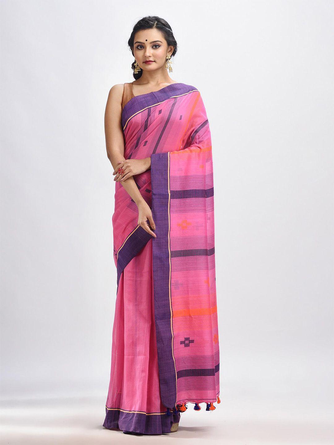 angoshobha pink woven design pure cotton handloom jamdani saree
