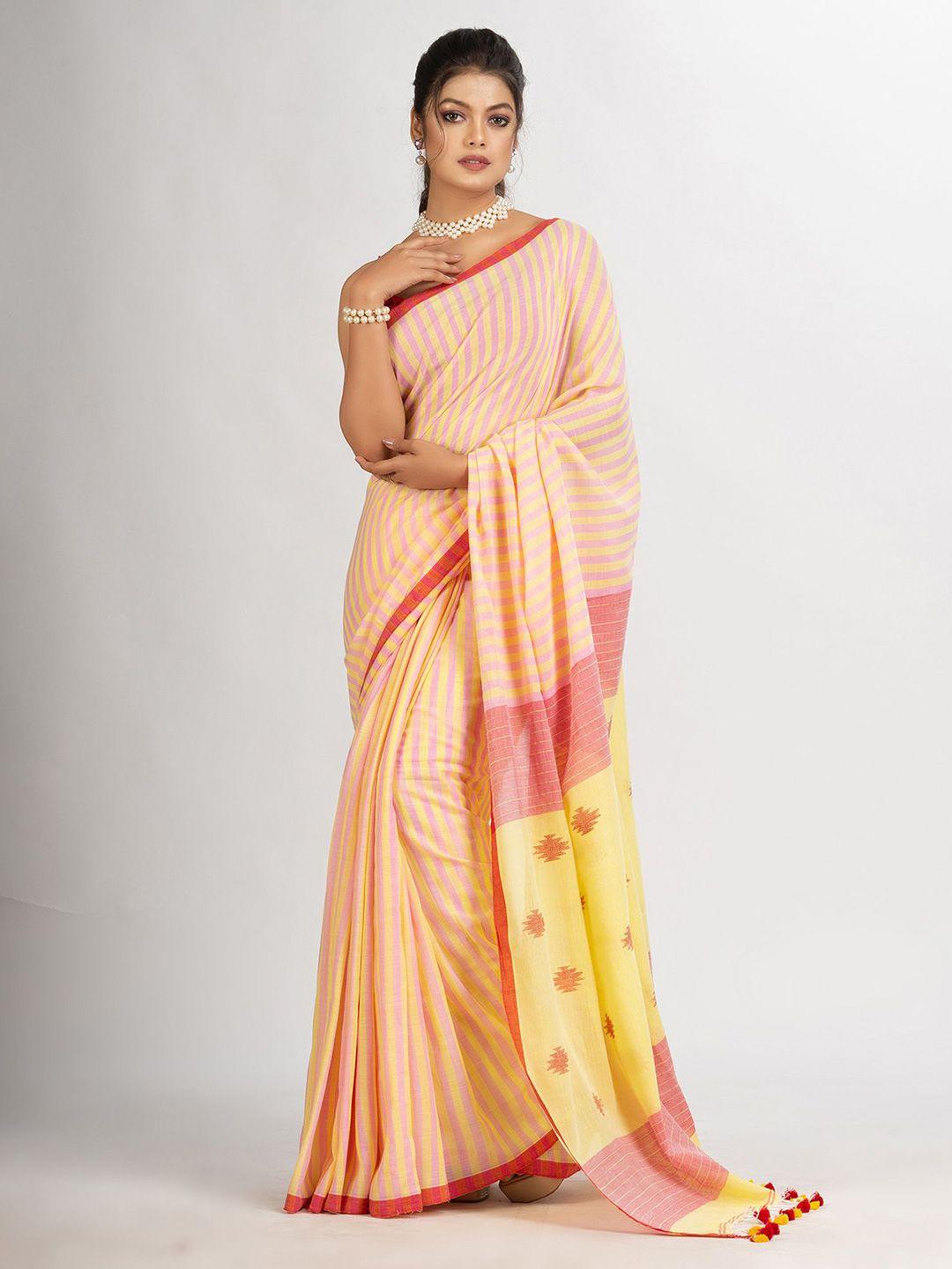 angoshobha pink woven design pure cotton handloom jamdani saree