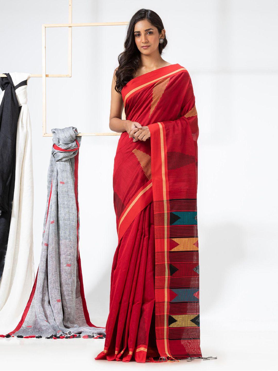 angoshobha red woven design handloom jamdani saree