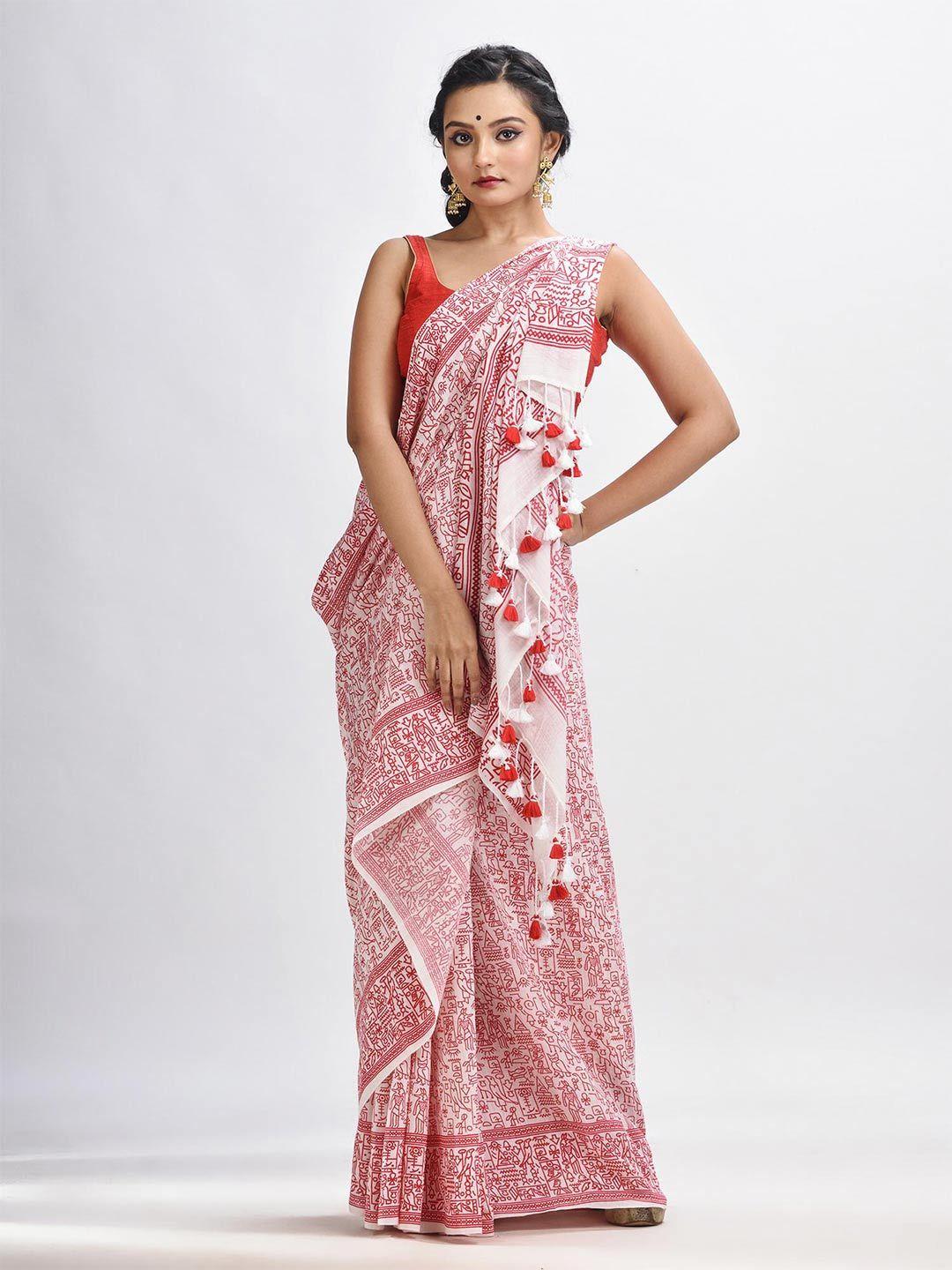 angoshobha red woven design handloom saree
