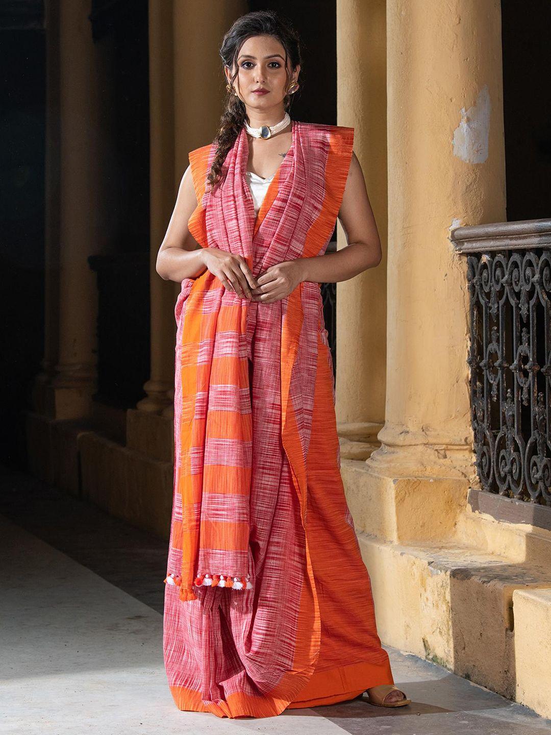 angoshobha red woven design pure cotton handloom saree