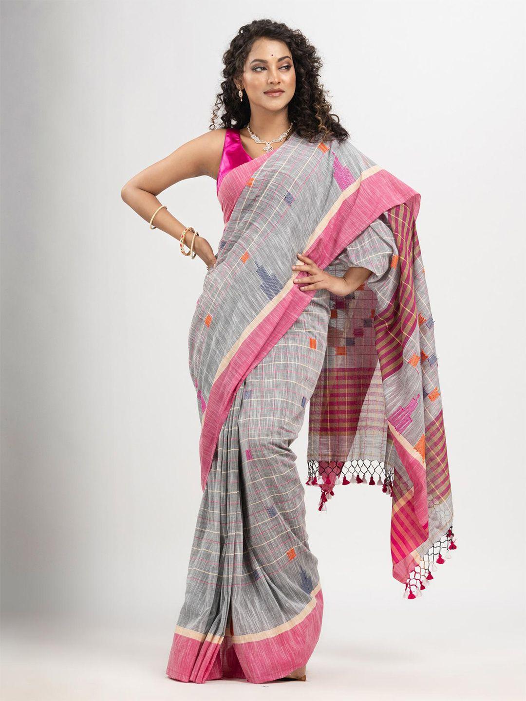 angoshobha silver-toned woven design pure cotton handloom saree