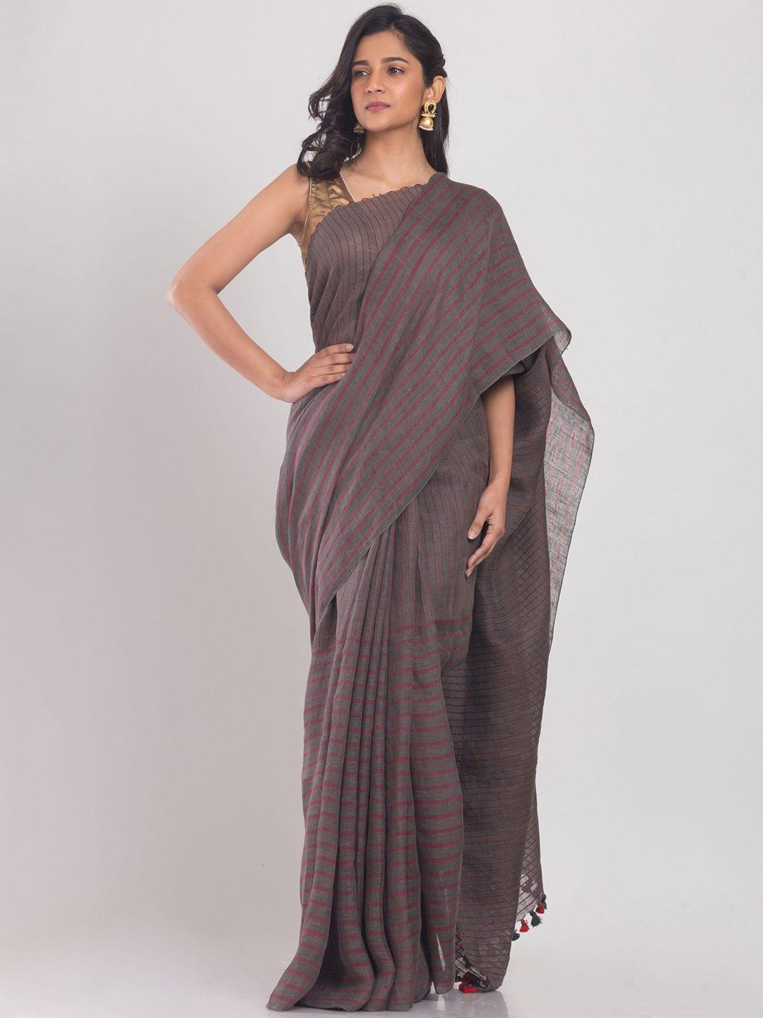 angoshobha striped pure linen saree