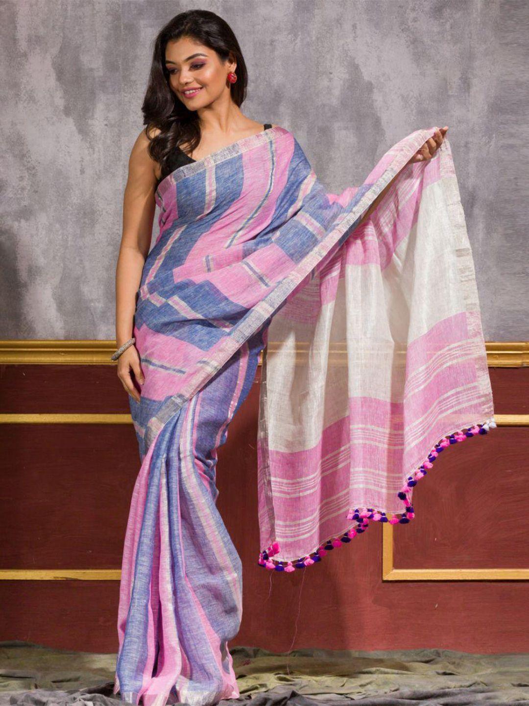 angoshobha striped pure linen saree