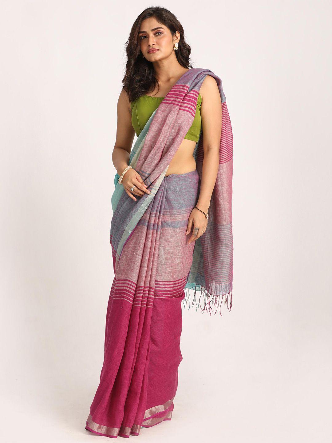 angoshobha striped pure linen saree