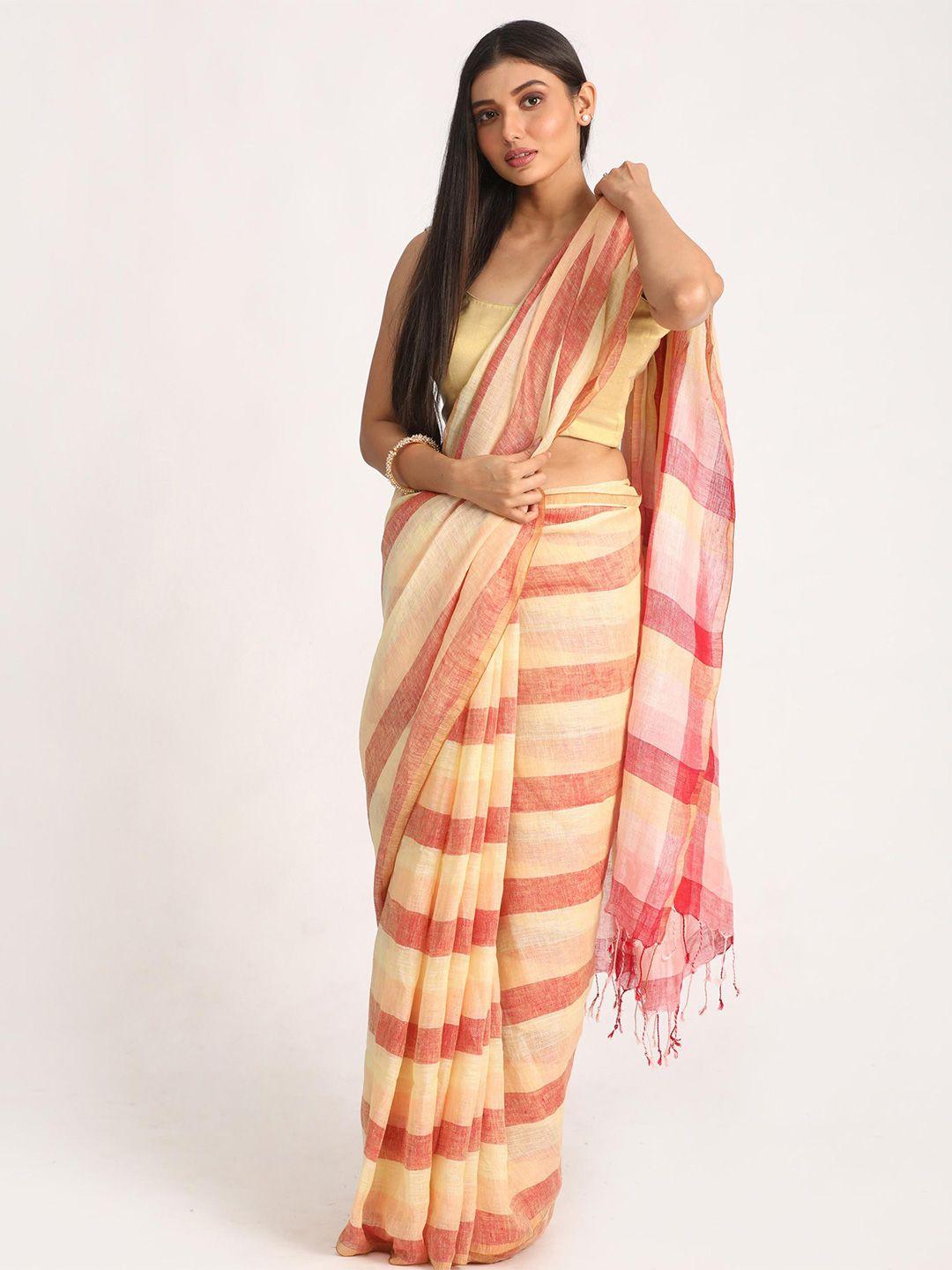 angoshobha striped pure linen saree