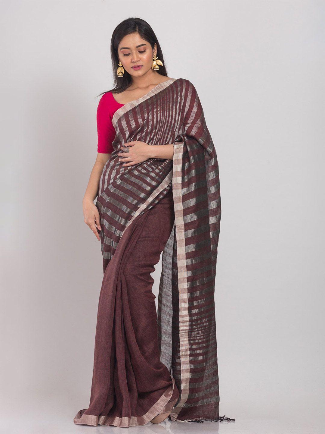 angoshobha striped woven design pure linen saree