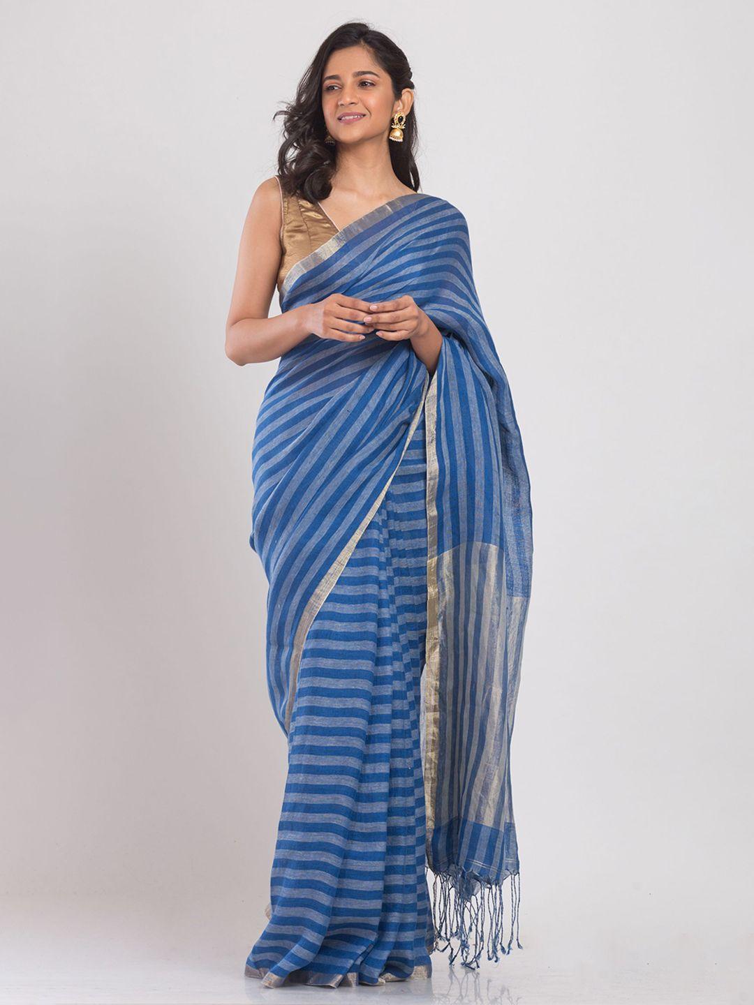 angoshobha striped woven design zari pure linen saree